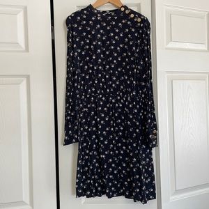 LOFT Navy Blue Floral Long Sleeve Short Dress MP Petites Casual
